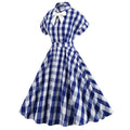 Women Vintage Pink Plaid Dress Buttons Down 50s Flared A-Line Swing Dress Pink Blue