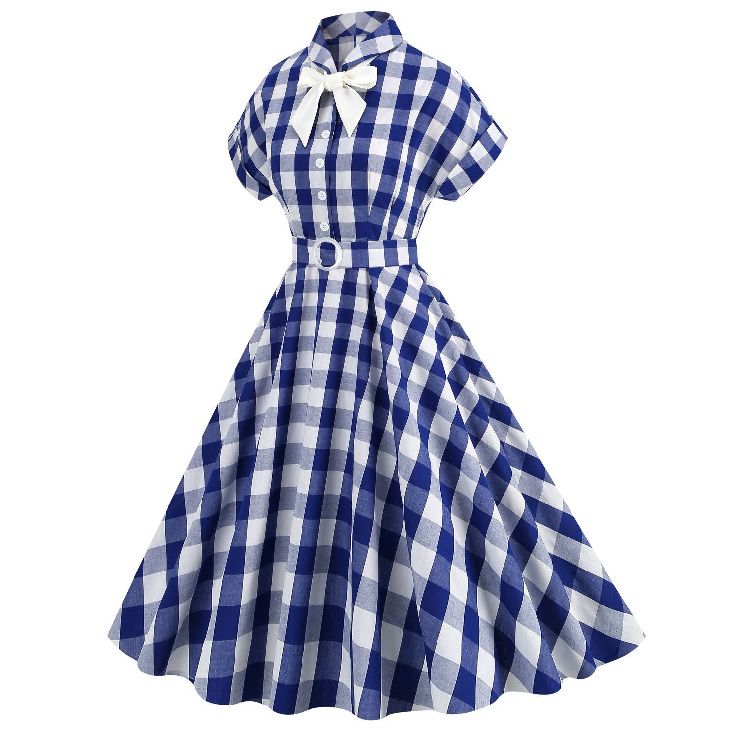 Women Vintage Pink Plaid Dress Buttons Down 50s Flared A-Line Swing Dress Pink Blue