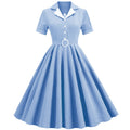 Women Vintage  Plaid Short Sleeve Dress with Belt Rockabilly Party 50S Swing Dress Blue