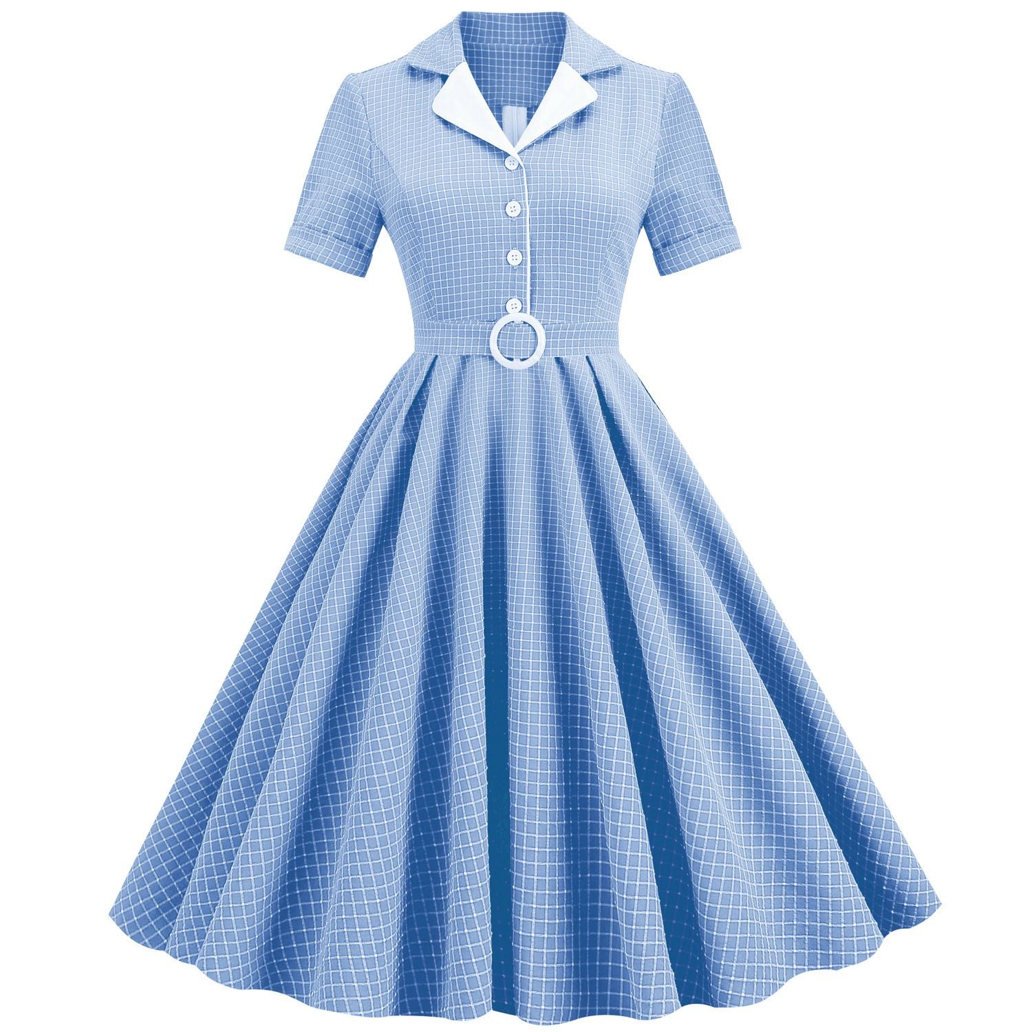 Women Vintage  Plaid Short Sleeve Dress with Belt Rockabilly Party 50S Swing Dress Blue