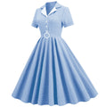 Women Vintage  Plaid Short Sleeve Dress with Belt Rockabilly Party 50S Swing Dress Blue