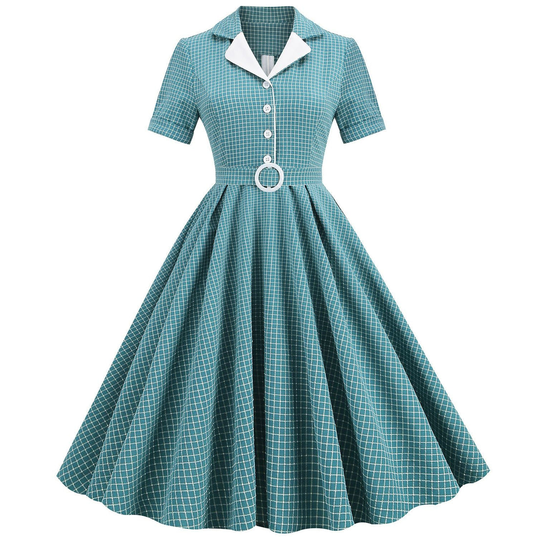 Women Vintage  Plaid Short Sleeve Dress with Belt Rockabilly Party 50S Swing Dress Green
