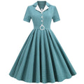 Women Vintage  Plaid Short Sleeve Dress with Belt Rockabilly Party 50S Swing Dress Green