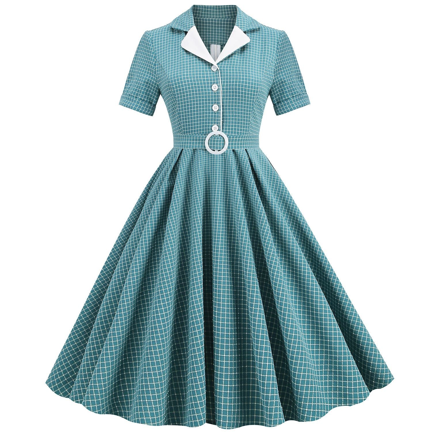 Women Vintage  Plaid Short Sleeve Dress with Belt Rockabilly Party 50S Swing Dress Green