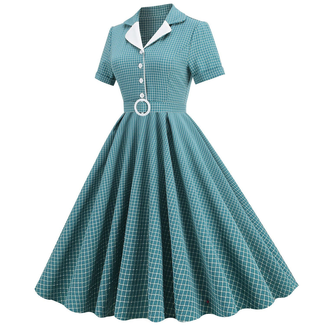 Women Vintage  Plaid Short Sleeve Dress with Belt Rockabilly Party 50S Swing Dress Green