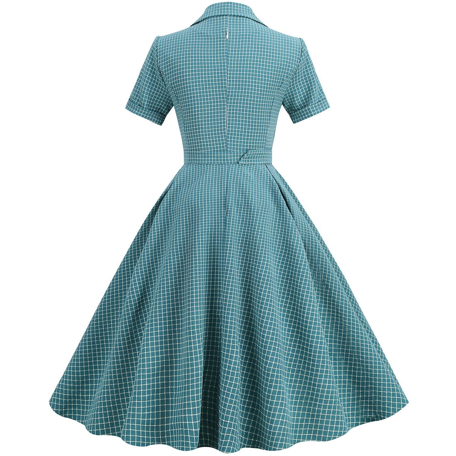 Women Vintage  Plaid Short Sleeve Dress with Belt Rockabilly Party 50S Swing Dress Green
