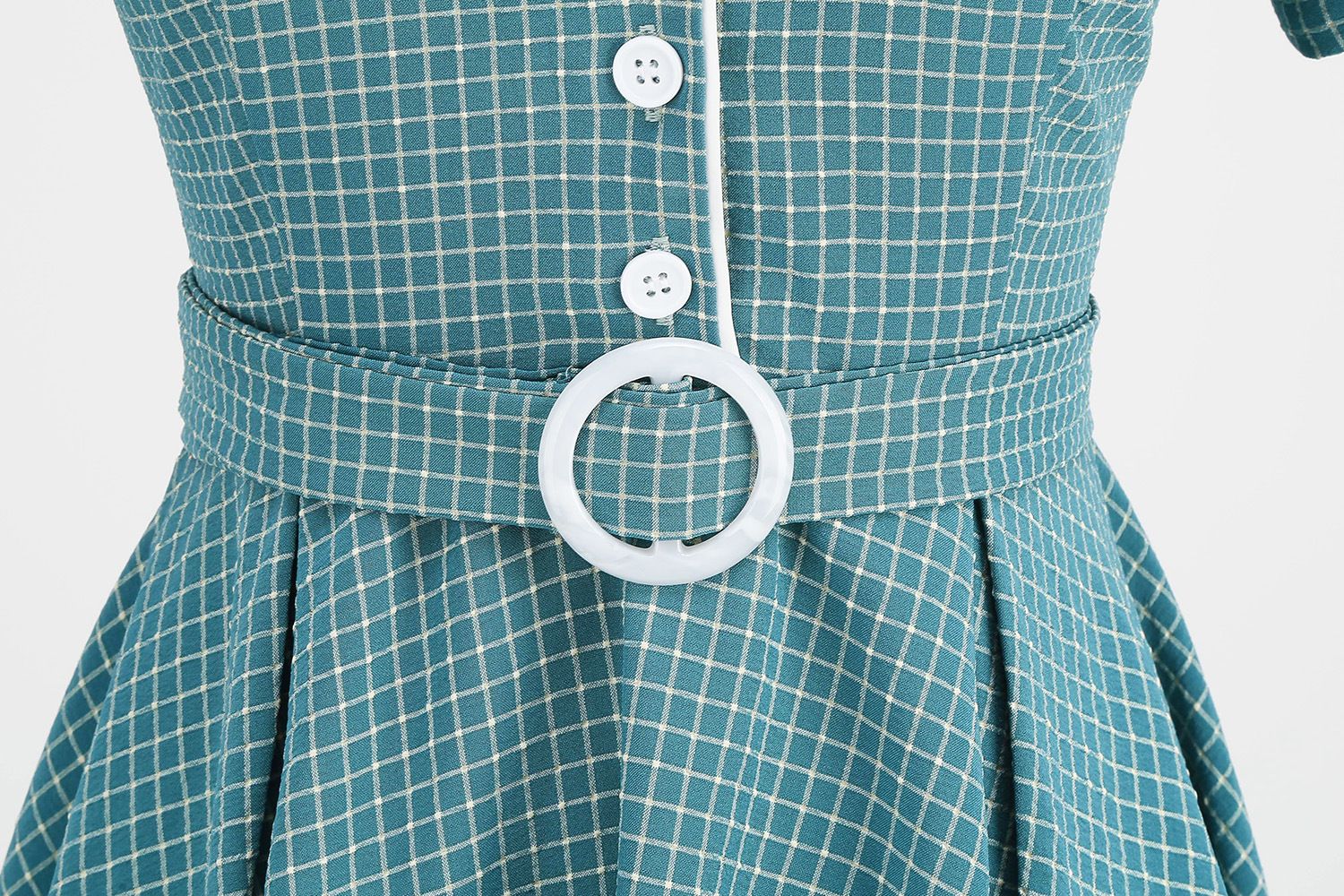 Women Vintage  Plaid Short Sleeve Dress with Belt Rockabilly Party 50S Swing Dress Green