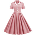 Women Vintage  Plaid Short Sleeve Dress with Belt Rockabilly Party 50S Swing Dress Pink