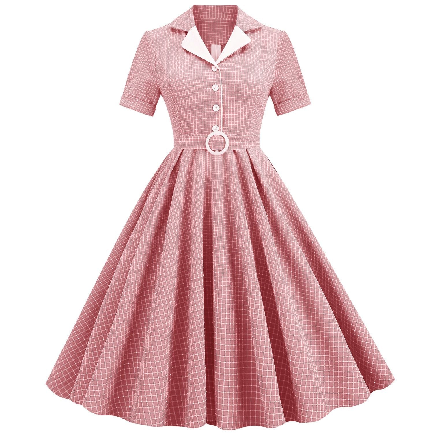 Women Vintage  Plaid Short Sleeve Dress with Belt Rockabilly Party 50S Swing Dress Pink