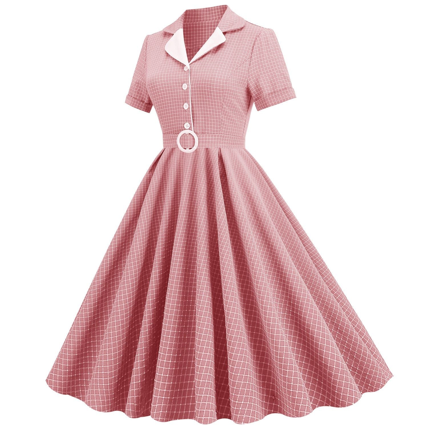Women Vintage  Plaid Short Sleeve Dress with Belt Rockabilly Party 50S Swing Dress Pink
