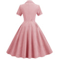 Women Vintage  Plaid Short Sleeve Dress with Belt Rockabilly Party 50S Swing Dress Pink