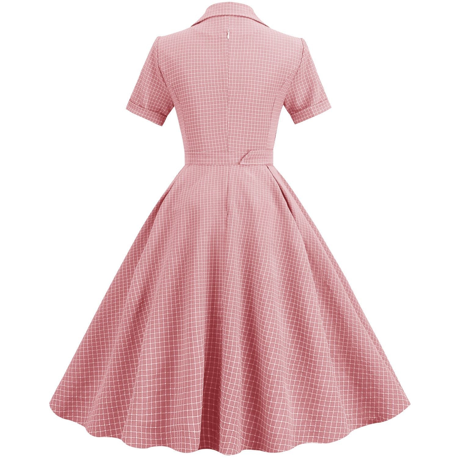 Women Vintage  Plaid Short Sleeve Dress with Belt Rockabilly Party 50S Swing Dress Pink
