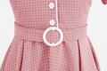 Women Vintage  Plaid Short Sleeve Dress with Belt Rockabilly Party 50S Swing Dress Pink