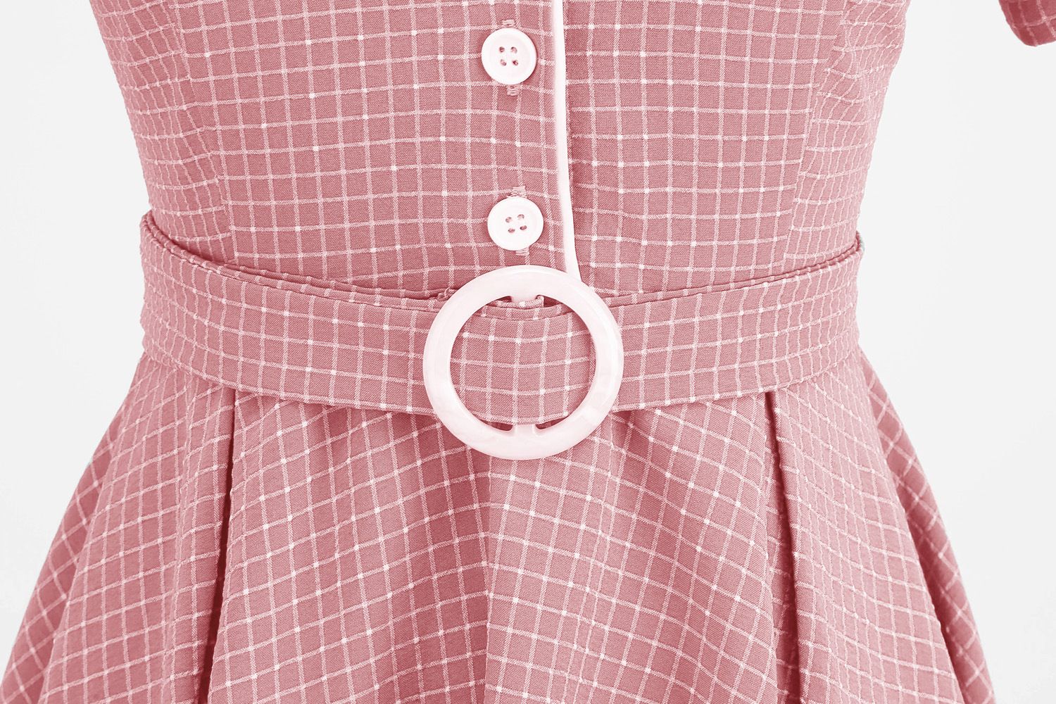 Women Vintage  Plaid Short Sleeve Dress with Belt Rockabilly Party 50S Swing Dress Pink
