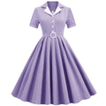 Women Vintage  Plaid Short Sleeve Dress with Belt Rockabilly Party 50S Swing Dress Purple