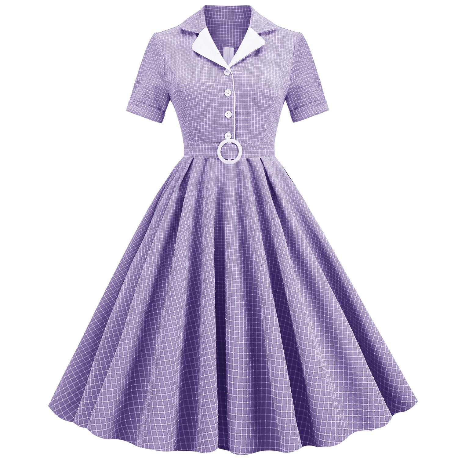 Women Vintage  Plaid Short Sleeve Dress with Belt Rockabilly Party 50S Swing Dress Purple