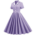 Women Vintage  Plaid Short Sleeve Dress with Belt Rockabilly Party 50S Swing Dress Purple