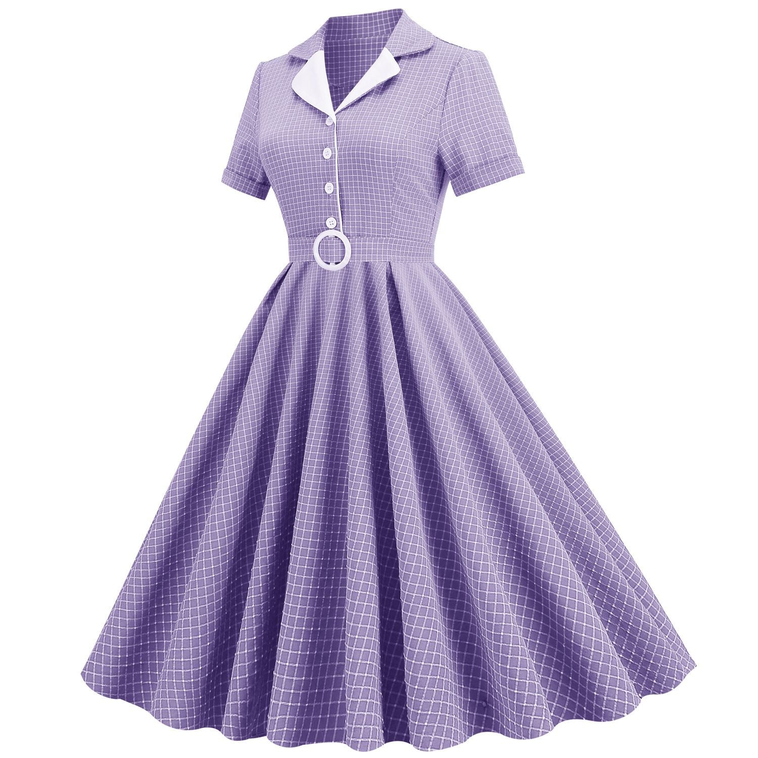 Women Vintage  Plaid Short Sleeve Dress with Belt Rockabilly Party 50S Swing Dress Purple