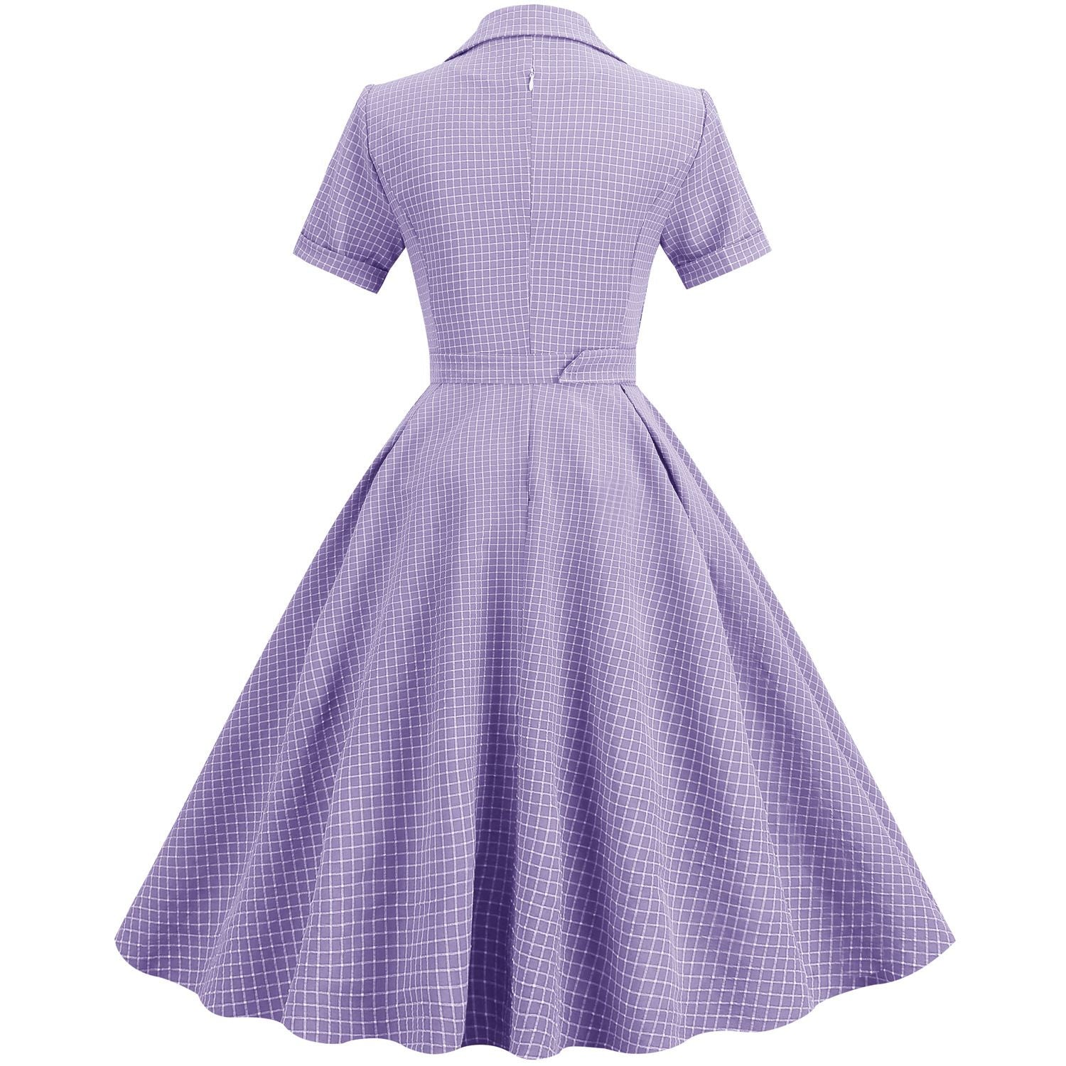 Women Vintage  Plaid Short Sleeve Dress with Belt Rockabilly Party 50S Swing Dress Purple