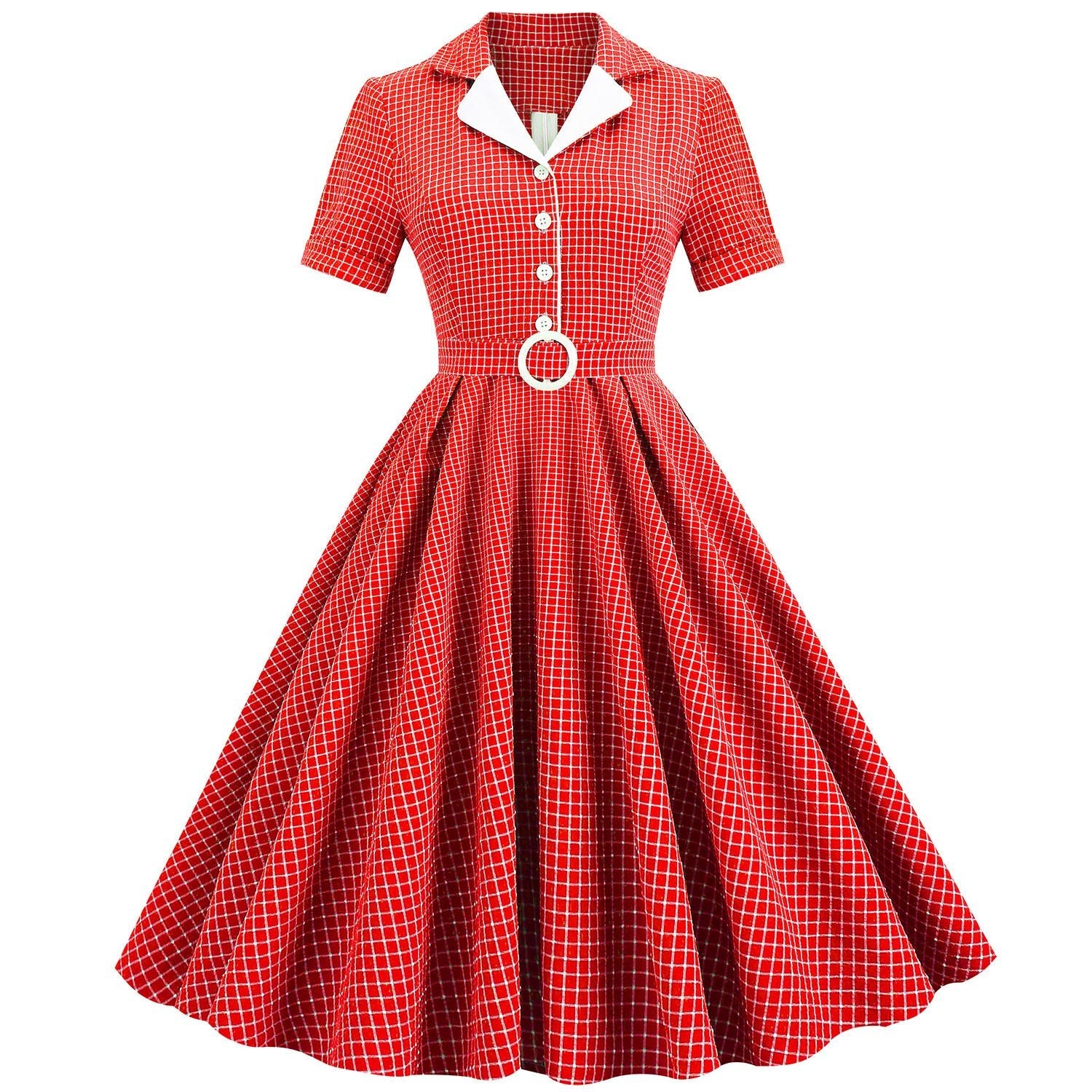 Women Vintage  Plaid Short Sleeve Dress with Belt Rockabilly Party 50S Swing Dress Red