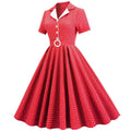 Women Vintage  Plaid Short Sleeve Dress with Belt Rockabilly Party 50S Swing Dress Red