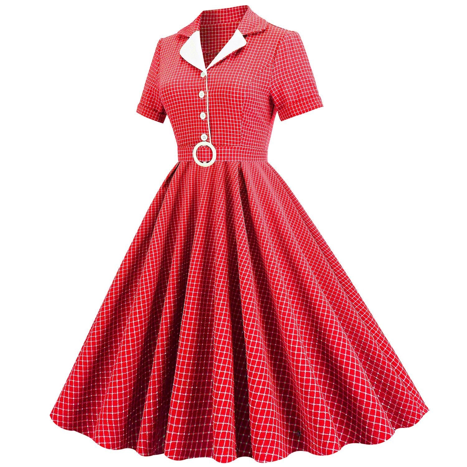 Women Vintage  Plaid Short Sleeve Dress with Belt Rockabilly Party 50S Swing Dress Red