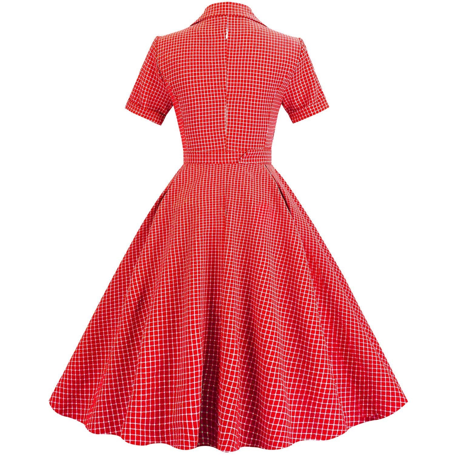 Women Vintage  Plaid Short Sleeve Dress with Belt Rockabilly Party 50S Swing Dress Red