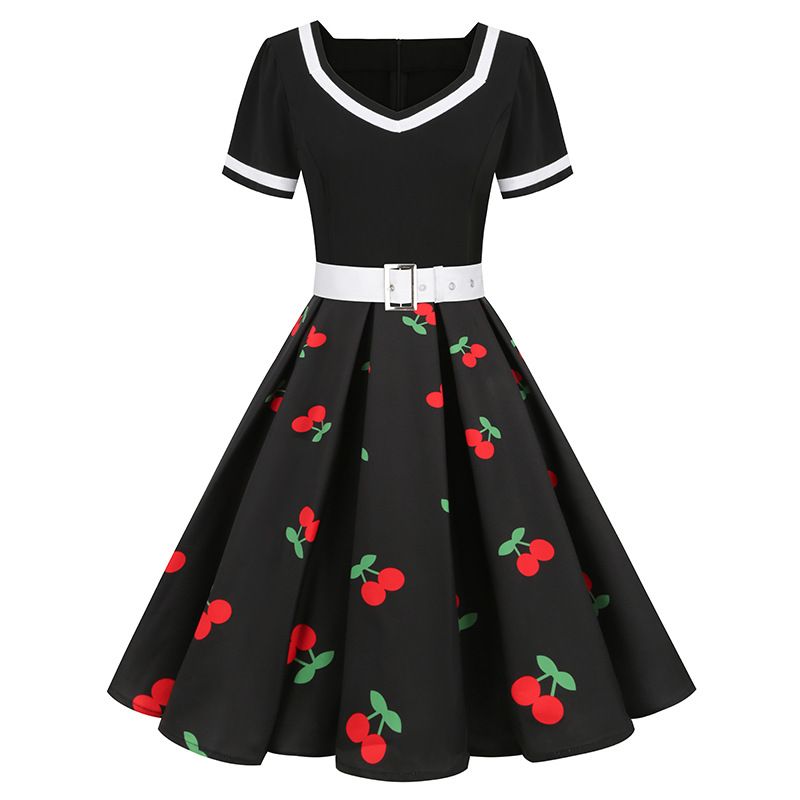 Women Vintage Rockabilly Dress 1950s Strawberry Cherry Party Dress Black