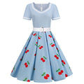 Women Vintage Rockabilly Dress 1950s Strawberry Cherry Party Dress Blue