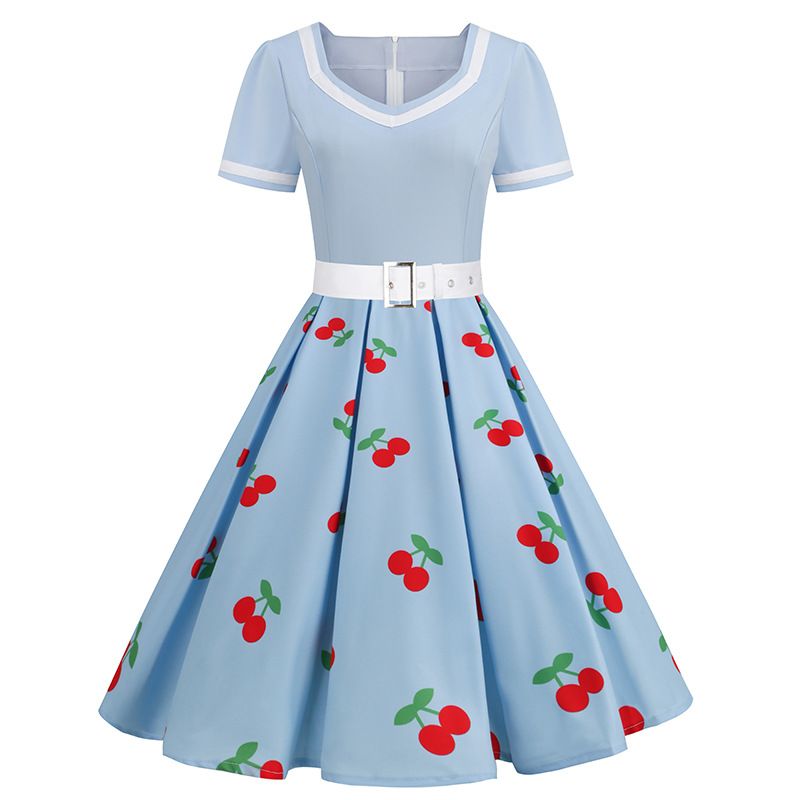 Women Vintage Rockabilly Dress 1950s Strawberry Cherry Party Dress Blue