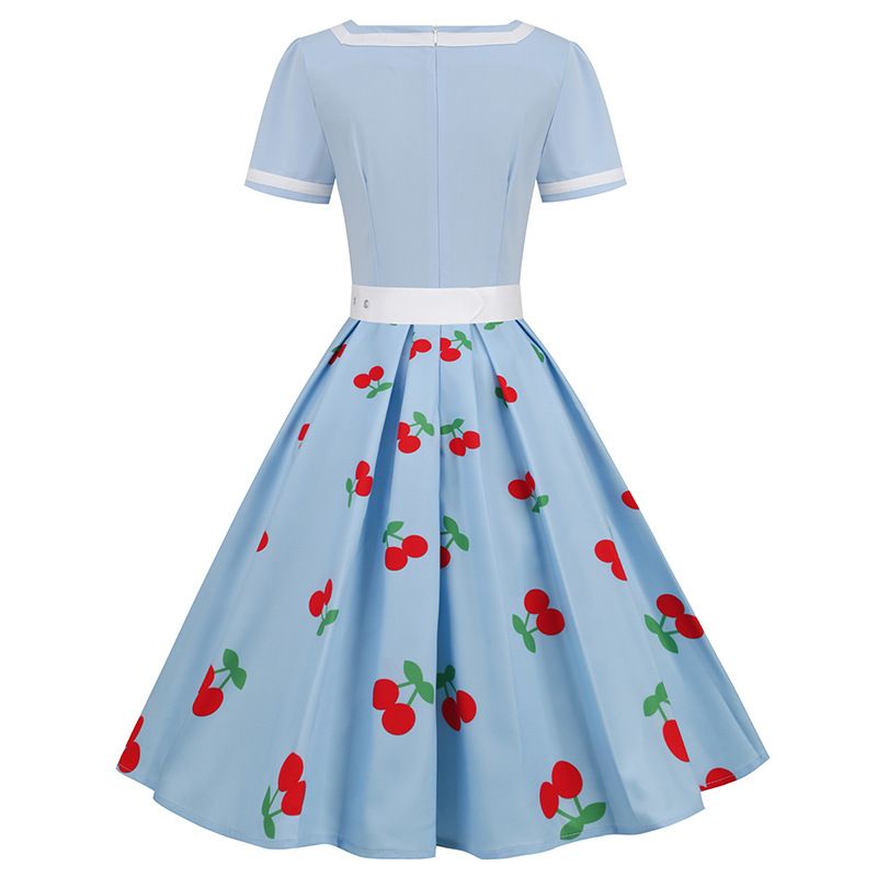 Women Vintage Rockabilly Dress 1950s Strawberry Cherry Party Dress Blue
