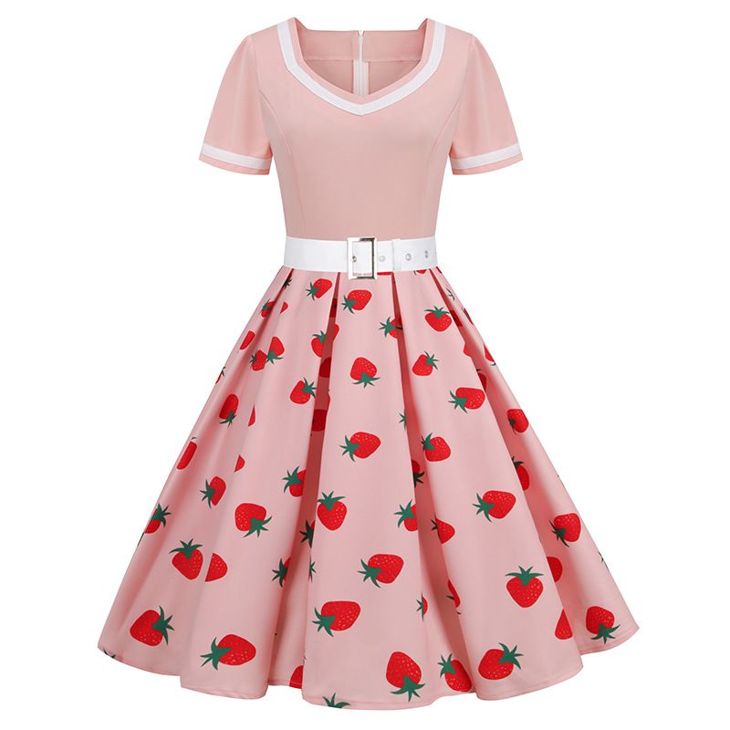 Women Vintage Rockabilly Dress 1950s Strawberry Cherry Party Dress Pink