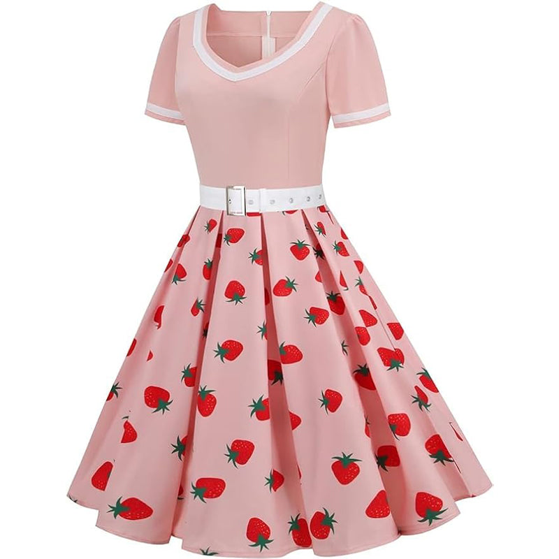 Women Vintage Rockabilly Dress 1950s Strawberry Cherry Party Dress Pink