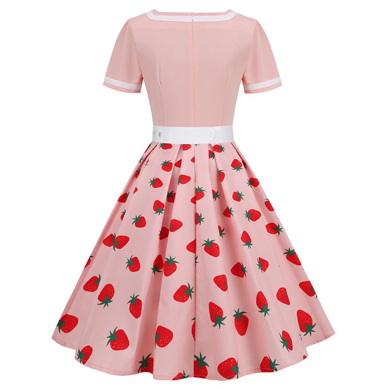 Women Vintage Rockabilly Dress 1950s Strawberry Cherry Party Dress Pink