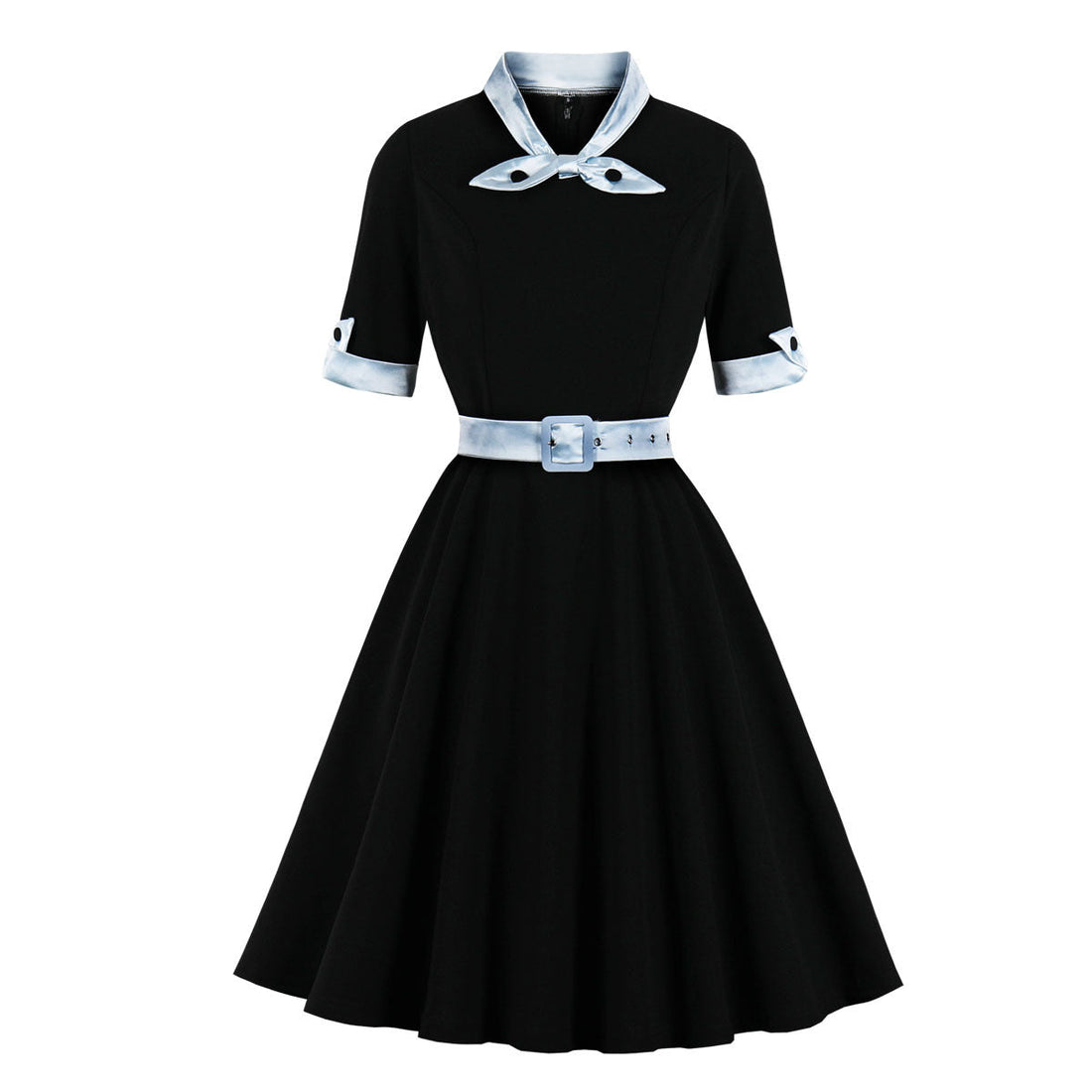 Women Vintage Short Sleeve A Line Midi Summer Dress with Belt Black