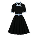 Women Vintage Short Sleeve A Line Midi Summer Dress with Belt Black