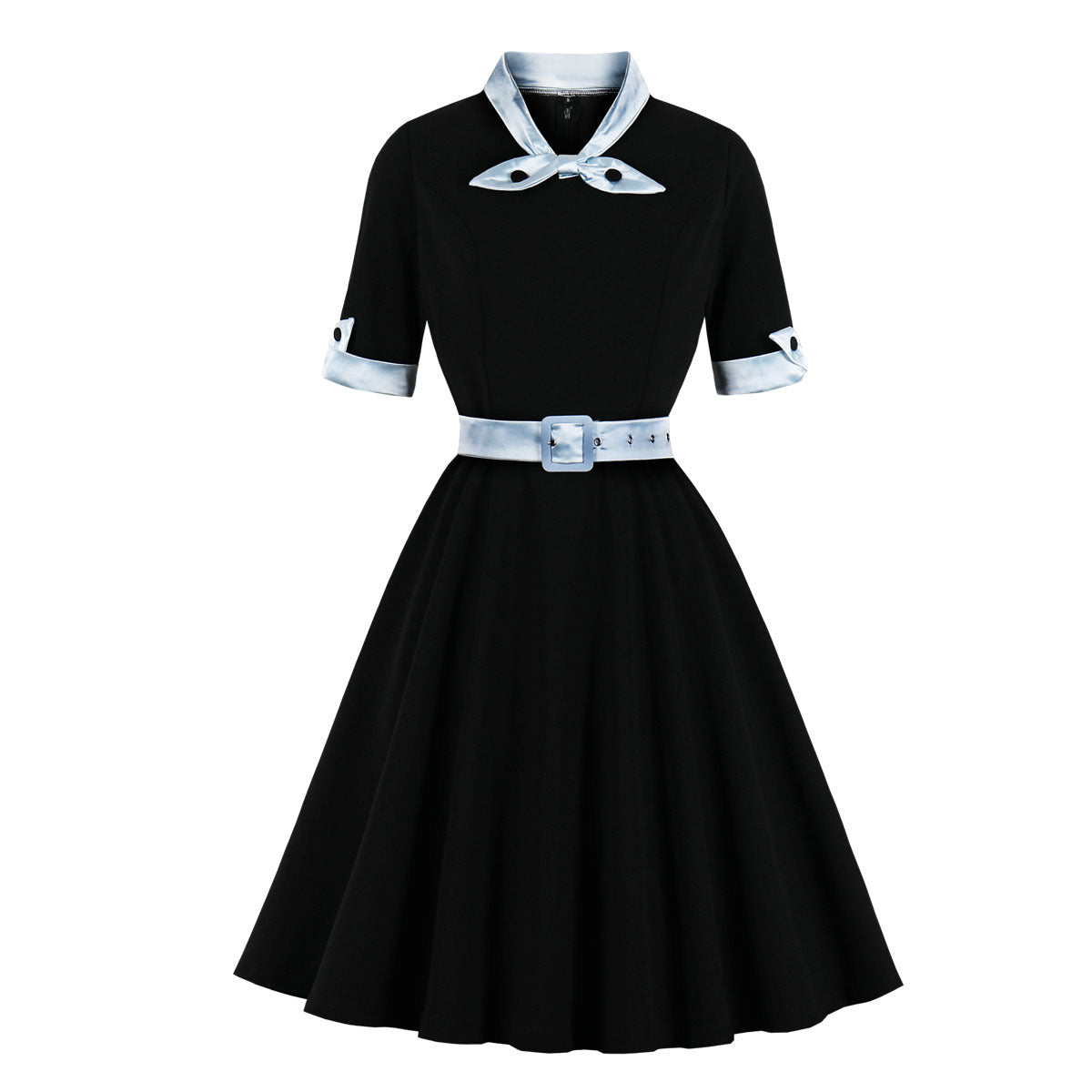 Women Vintage Short Sleeve A Line Midi Summer Dress with Belt Black