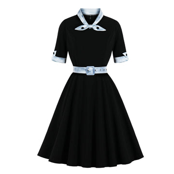 Women Vintage Short Sleeve A Line Midi Summer Dress with Belt Black