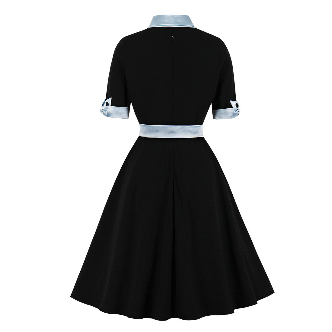 Women Vintage Short Sleeve A Line Midi Summer Dress with Belt Black