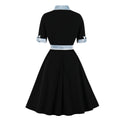 Women Vintage Short Sleeve A Line Midi Summer Dress with Belt Black