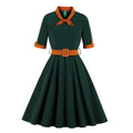 Women Vintage Short Sleeve A Line Midi Summer Dress with Belt Green