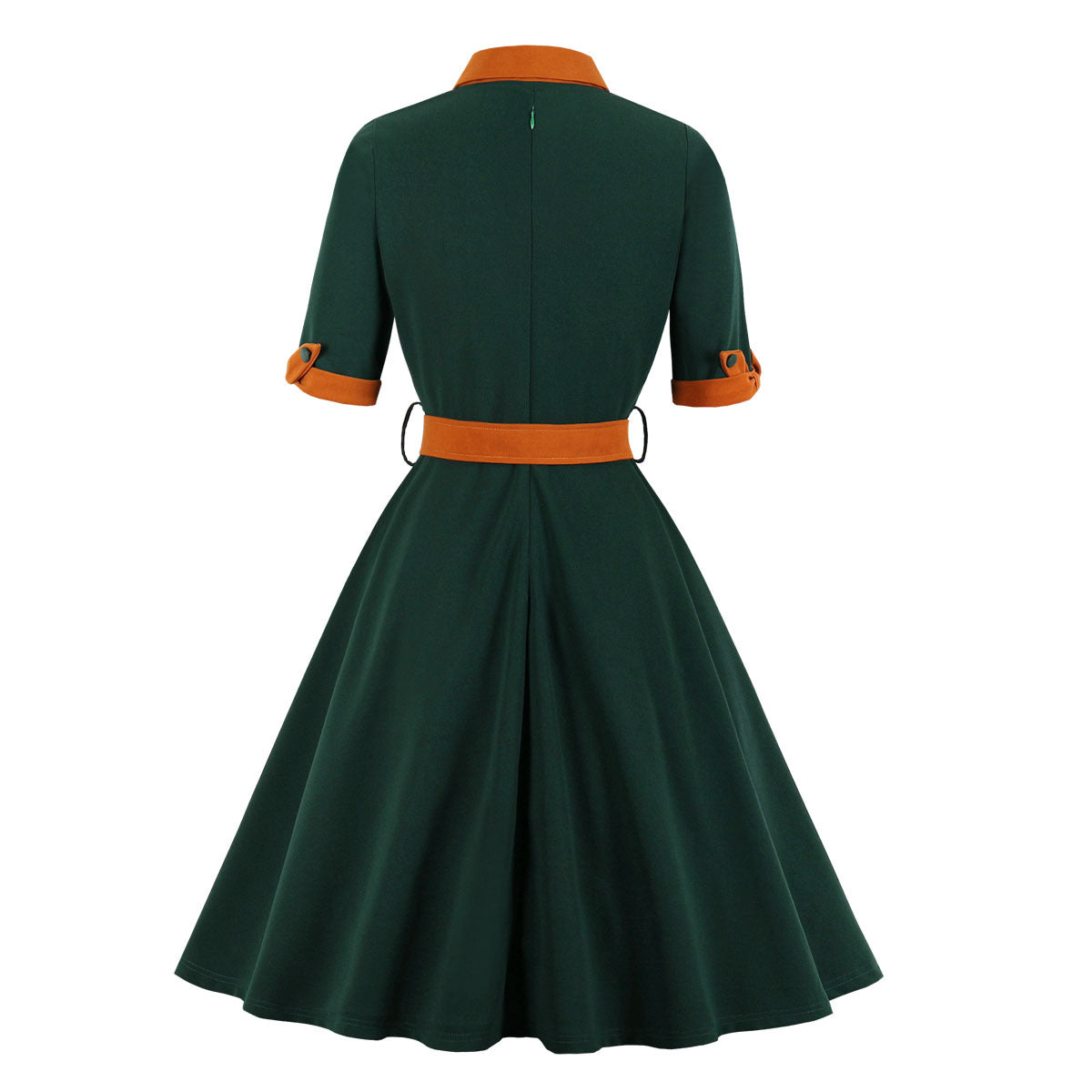 Women Vintage Short Sleeve A Line Midi Summer Dress with Belt Green