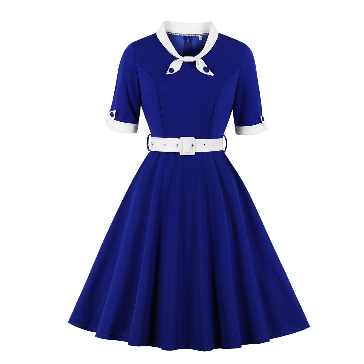 Women Vintage Short Sleeve A Line Midi Summer Dress with Belt White