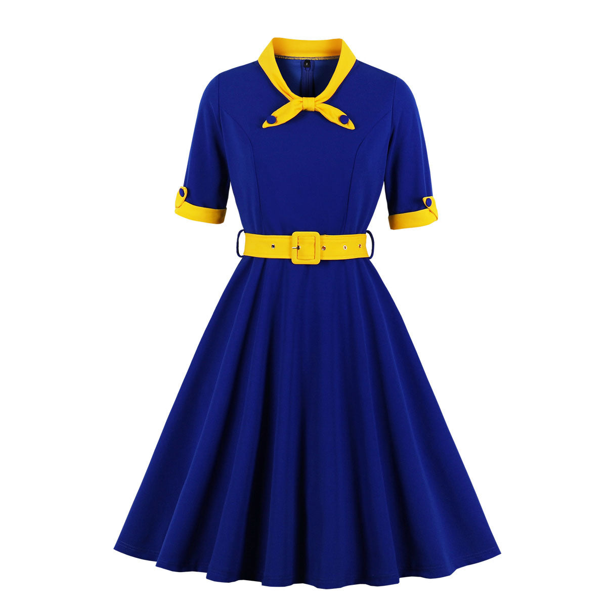 Women Vintage Short Sleeve A Line Midi Summer Dress with Belt Yellow