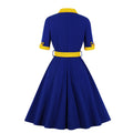 Women Vintage Short Sleeve A Line Midi Summer Dress with Belt Yellow