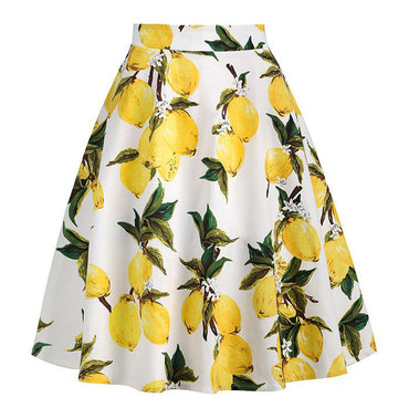 Women's 1950s Retro Lemon Vintage A-line Printed Pleated Flared Midi Skirt