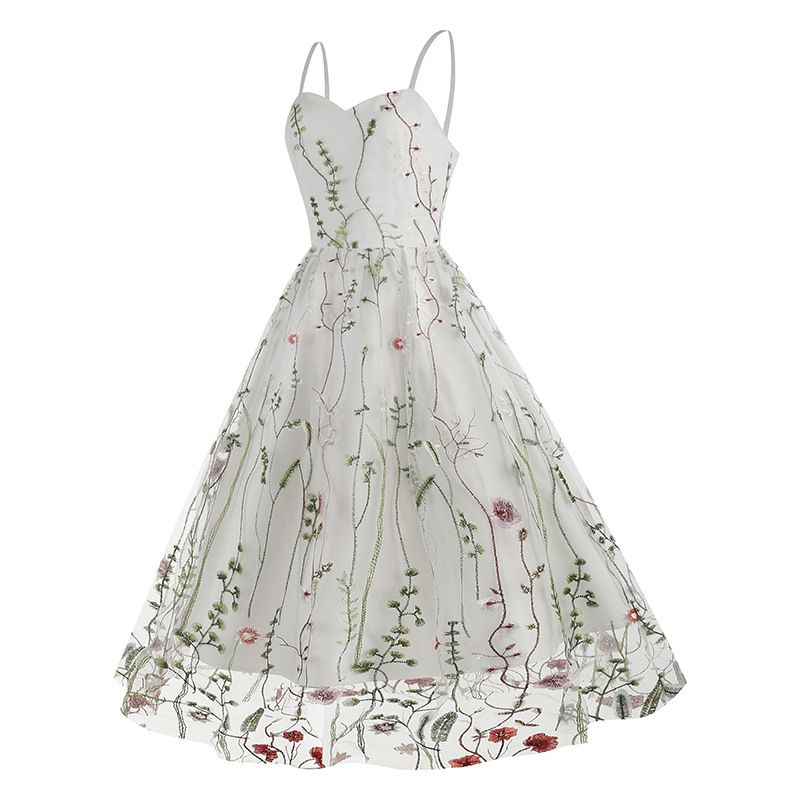 Women's Vintage Mesh Floral Embroidery Wedding Evening Cocktail Party Swing Dress