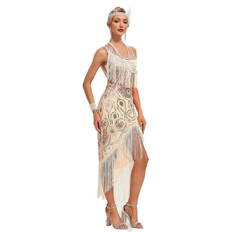Womens 1920s Vintage Gatsby Fringed Flapper Dress Peacock Sequined Slit Roaring 20s Dresses Beige