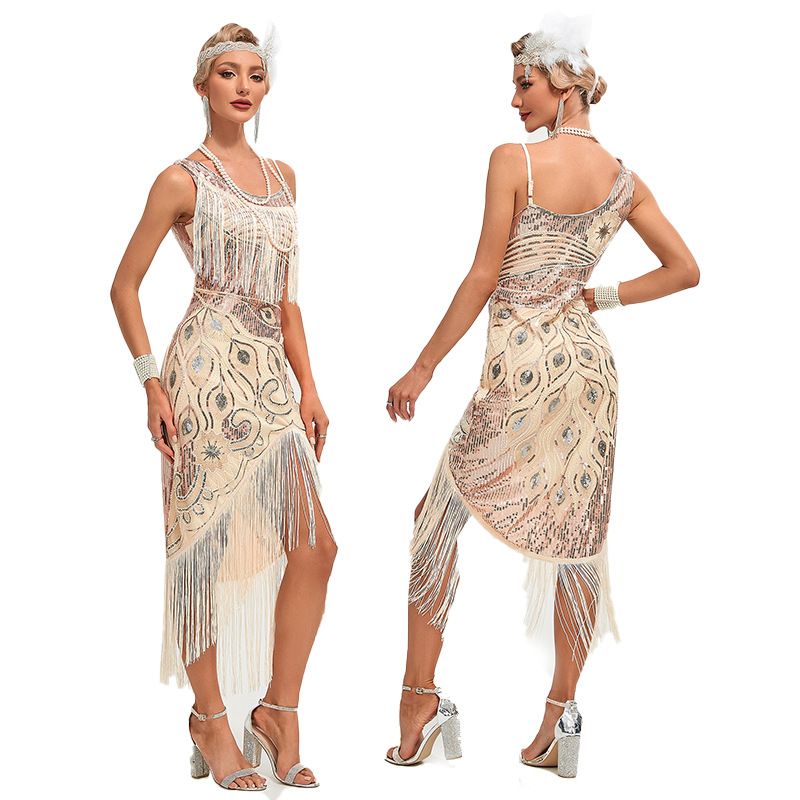 Womens 1920s Vintage Gatsby Fringed Flapper Dress Peacock Sequined Slit Roaring 20s Dresses Beige