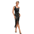 Women's 1920s Vintage Gatsby Fringed Flapper Dress Peacock Sequined Slit Roaring 20s Dresses Black